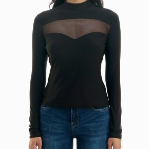 long sleeve illusion mock neck top