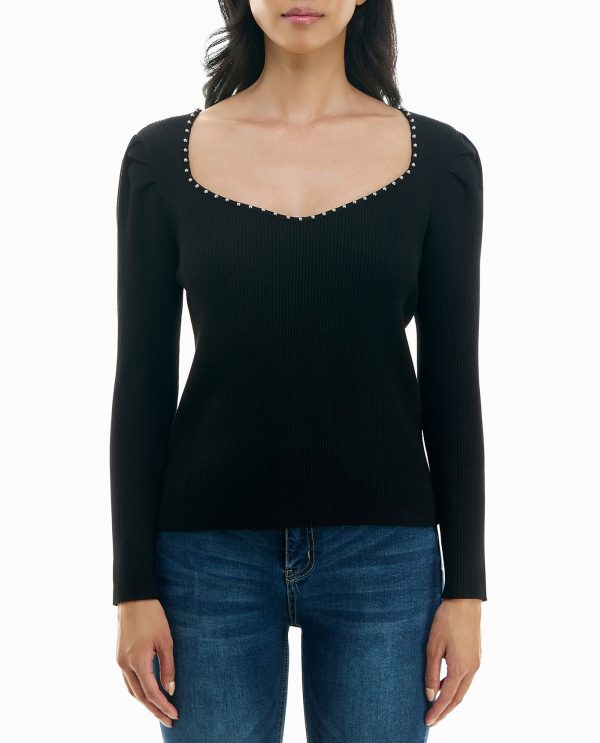 knit puff sleeve neck trim sweater