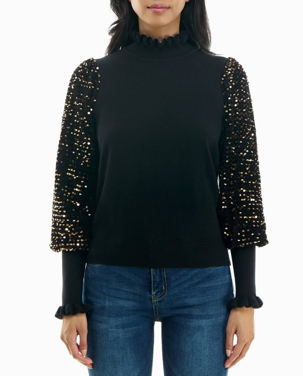 sequins ruffle neck long sleeve sweater